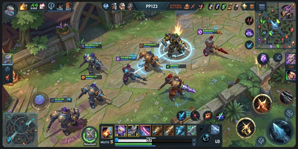 Screenshot utama PP123 menampilkan aksi intens di arena permainan MOBA.